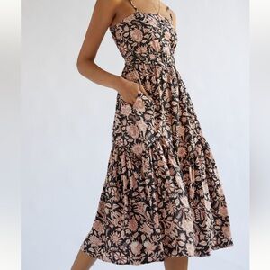 Lusana Floral Black and Red Belted Sleeveless Midi Dress